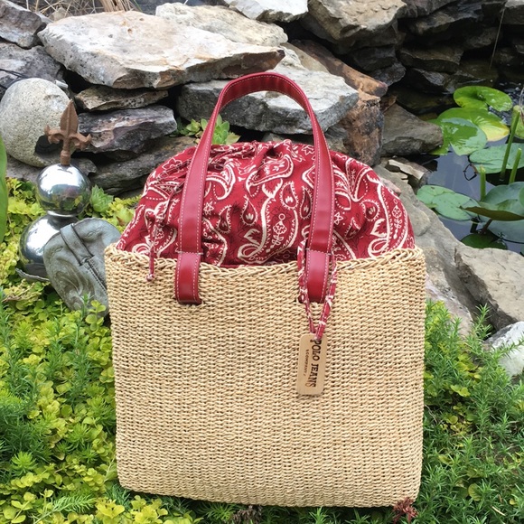 Polo Ralph Lauren Handbags - POLO Jeans Company Ralph Lauren Large STRAW BAG with Gingham Red LinerThat Ties